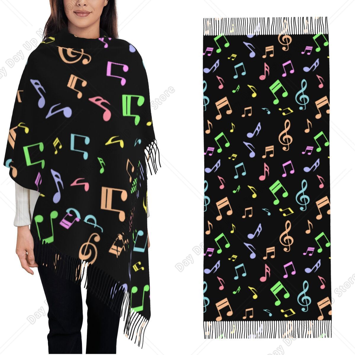 Pashmina Wrap Large - Leuke en kleurrijke sjaal met muzieknotenpatroon