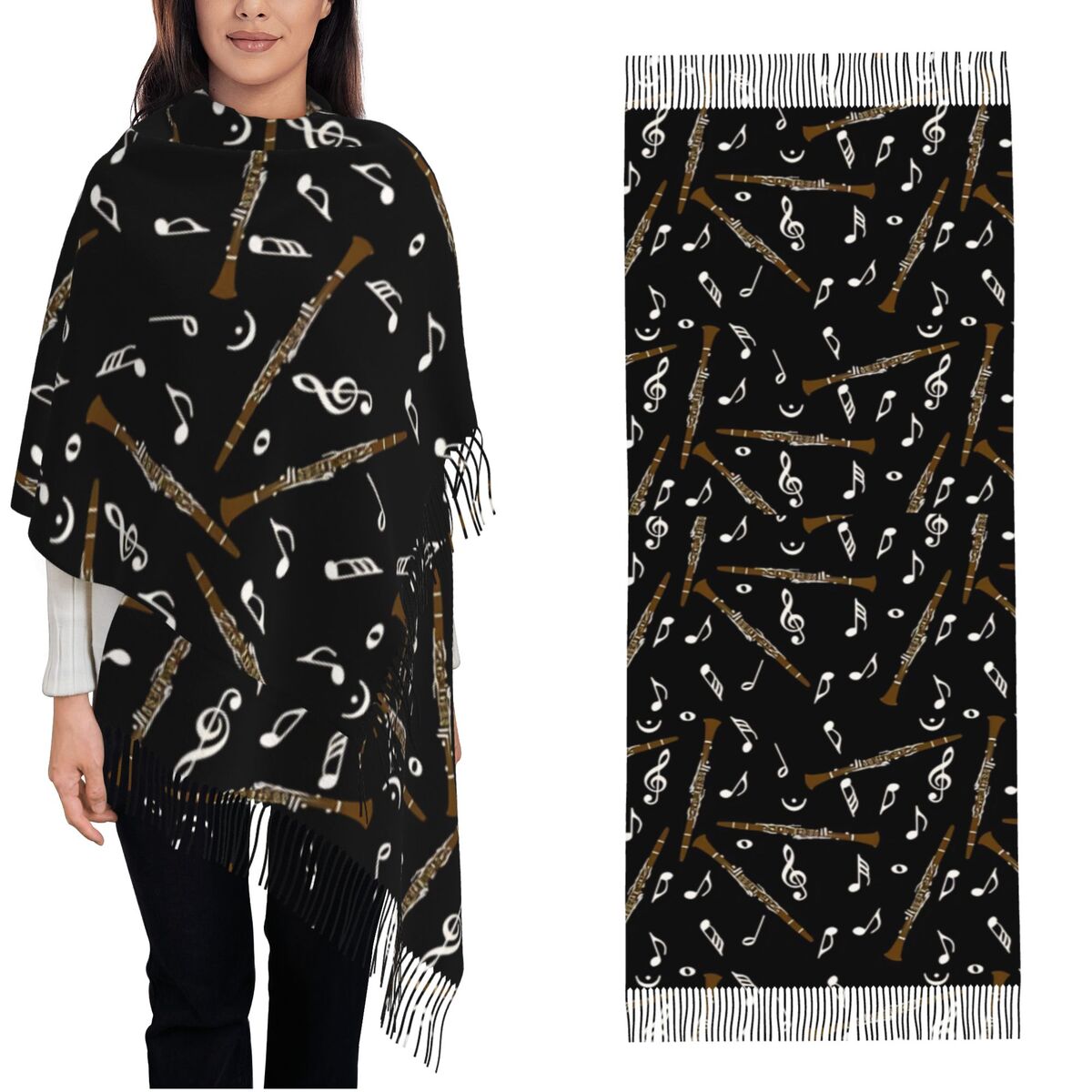 Pashmina Wrap Large - Damessjaal met kwastje klarinet muzieknoten patroon