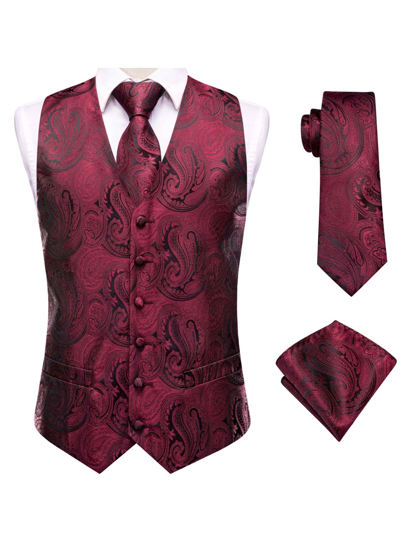 Rode herenvest driedelig pak,  - Pocket Square Set recensie en prijs